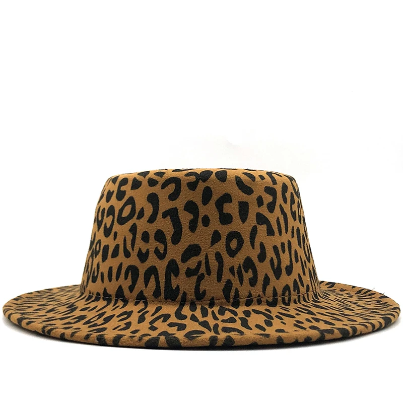 
New Wide Brim Leopard Print Flat Top Wool Fedora Felt Hat For Women Autumn Winter Boater Jazz Cap Black band 