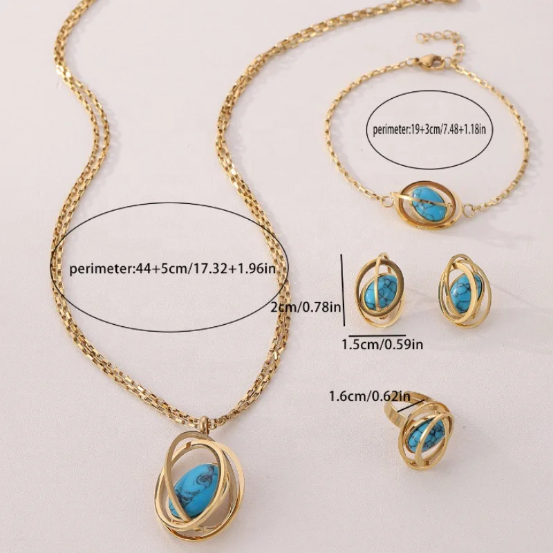 4 Pcs Necklace Female Niche Fashion Hollow Round Pendant Bracelet Earrings Ring Trendy Ornament Blue Turquoise Globe Jewelry Set