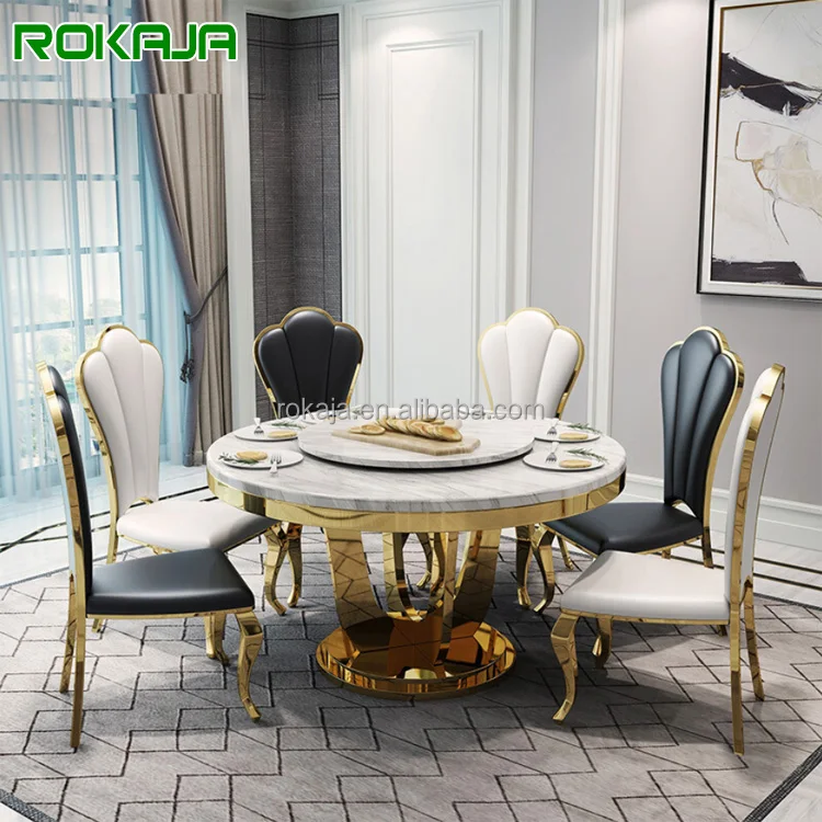 Philippine Round Marble Top Dining Table Set Gold Stainless Steel Dining Tables And 8 Chairs Set Marble