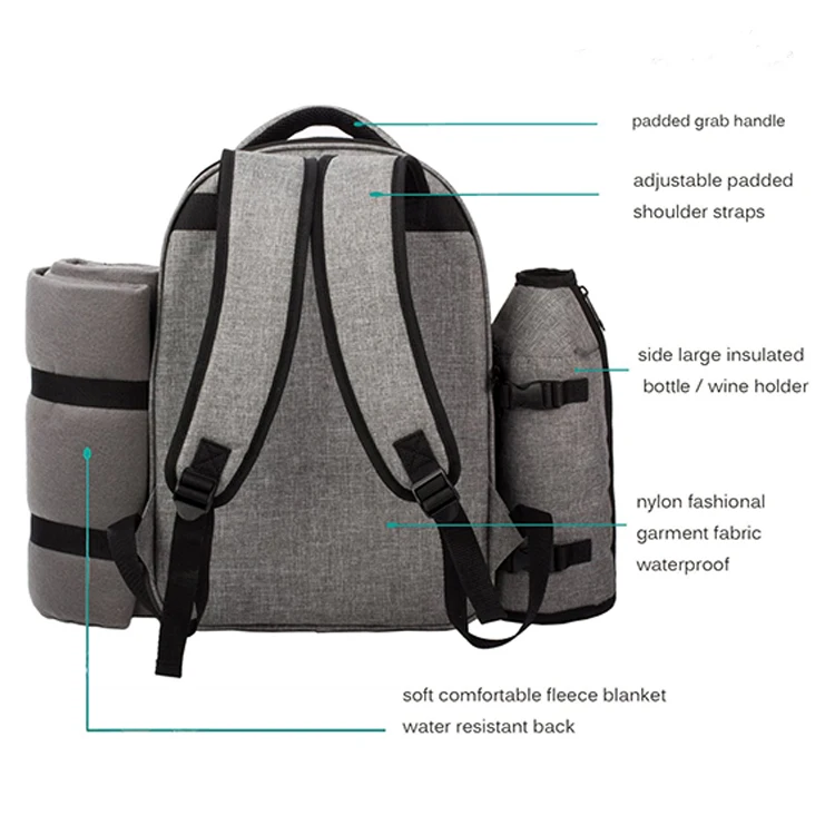 Custom Cooler Compartment Wine Bag insulated Picnic set multifunction 4 person picnic backpacks bags with Blanket