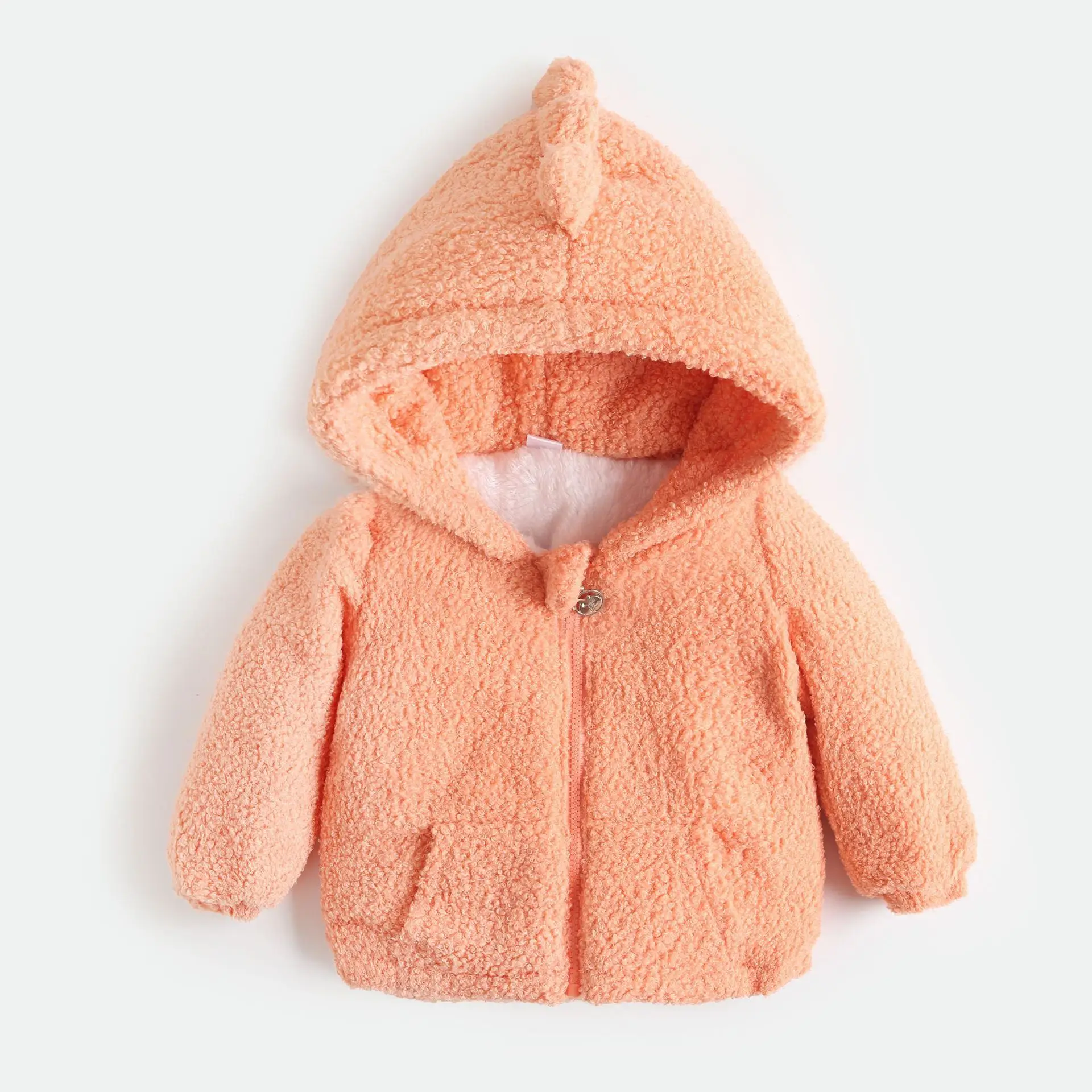 quality custom logo designer Cute lint-free baby plush coat outwear dinosaur shape softshell kids fur fleece hoodie jacket