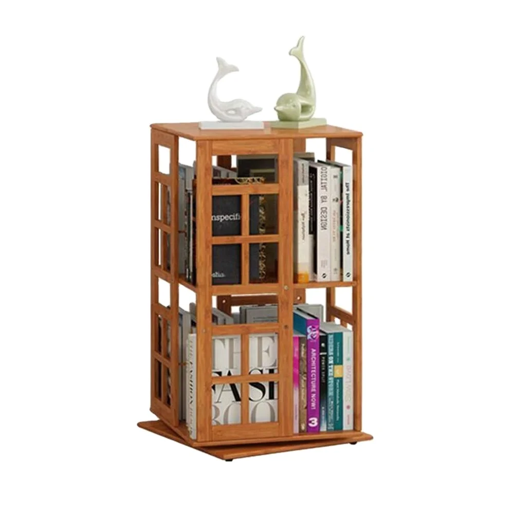 Natural Bamboo 2-Layer Rotating Bookshelf Book Storage Rack