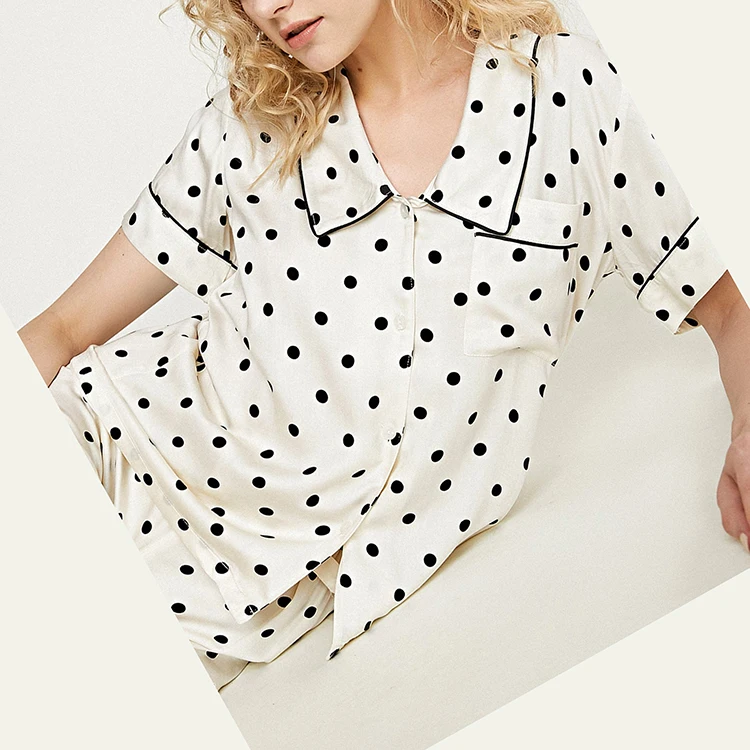 Best Seller Cute Satin Contrast Piping Nightwear Sleepwear Women Ivory Polka Dot Button-Up Shirt & Shorts Two-Piece Pajama Set