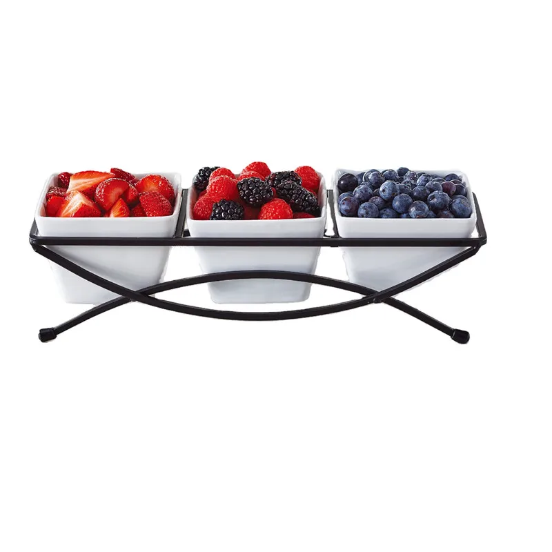 Hot Selling Snack Food Ceramic Dish Tableware White Ceramic Snack Bowls  With Metal Stand
