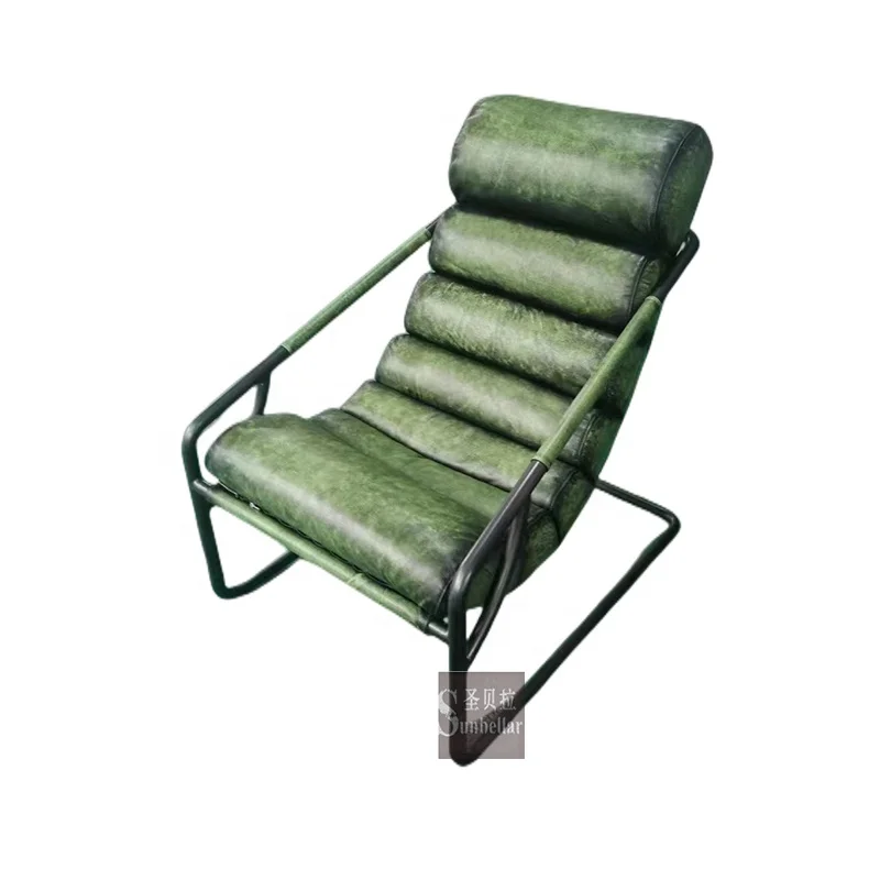 loft industrial forged metal antique green genuine leather arm chair hotel living room reclining chair single seat sofa