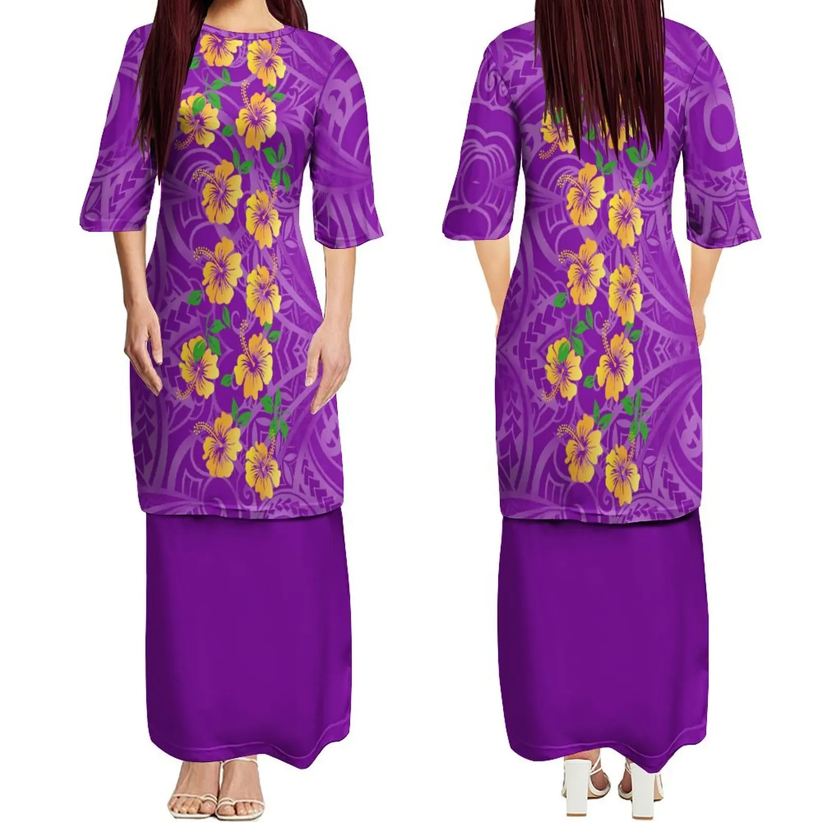 Drop Shipping Polynesian Round Neck Samoa Puletasi Ptaha Puletaha Samoan Dress Plus Size Long Maxi Two Piece Skirt Set Dresses