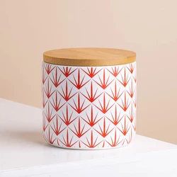 Food Storage Canister Ceramic Red Print Jar Bamboo Lid Sugar Coffee Tea Container Jar For Food