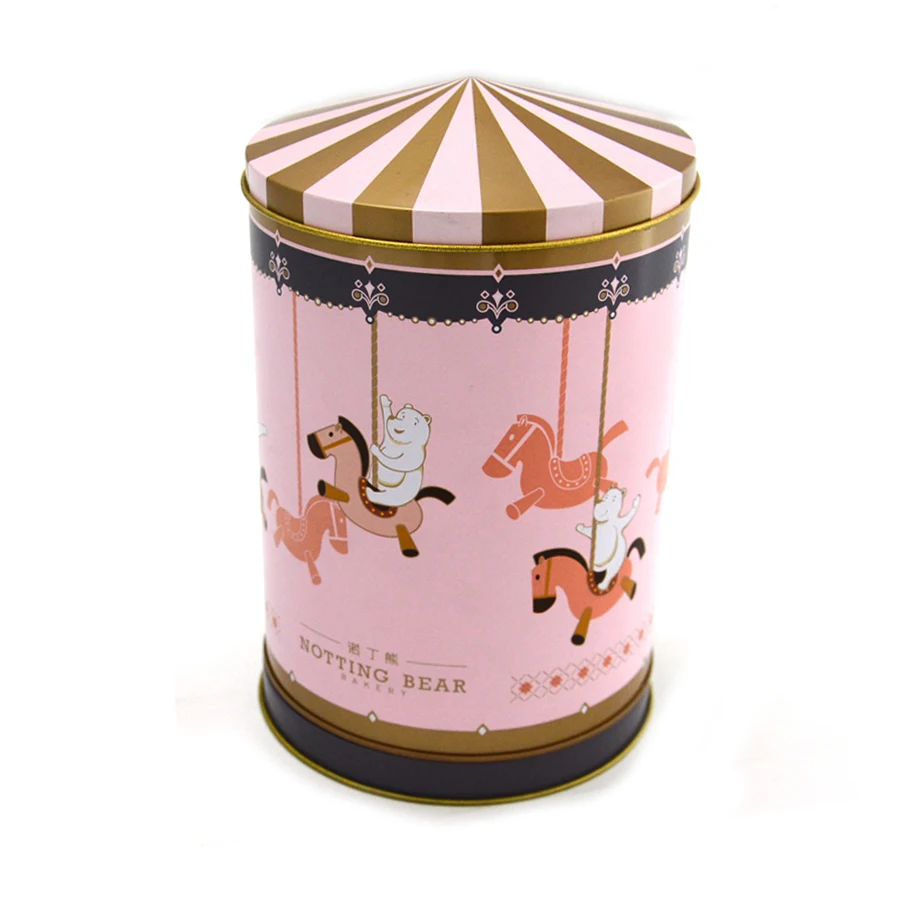 Custom Lovely merry-go-around Christmas Rotating Music Cake Box Carousel Round Metal Music Gift Tin Box