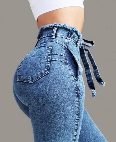 China Manufacturer New Design Women Blue Button Colombian Jeans Skinny Lift Butt High Waist Denim Pants