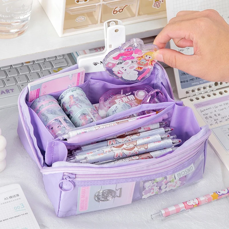 Big mouth large capacity zipper fabric pencil case zipper pouch money bag Multi-layer neat stitch pen packaging bags