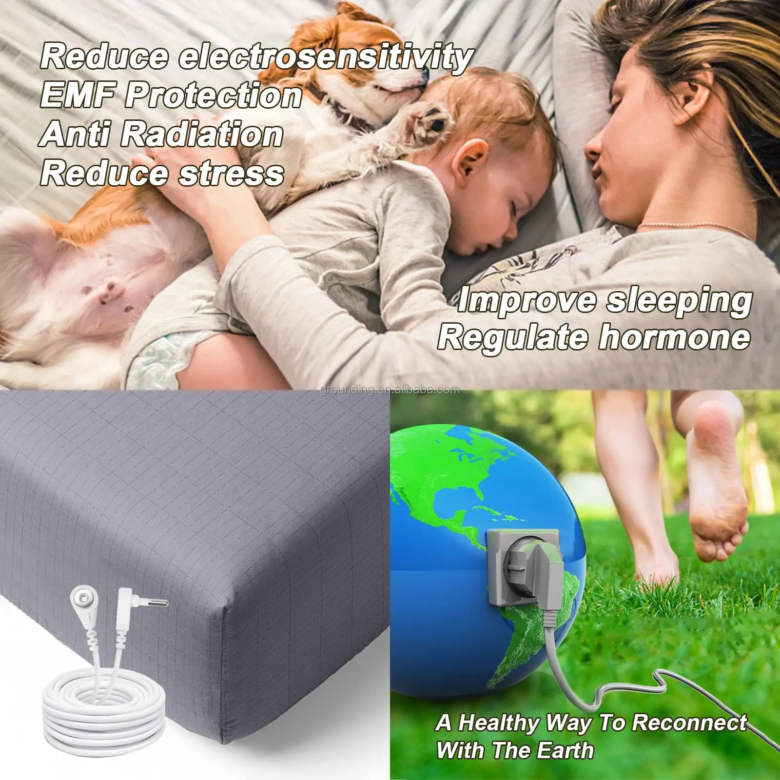 Customized Silver Cotton Conductive Earth Grounding Mattress Natural Wellness Fade Bed Sheets with Grounding Cord