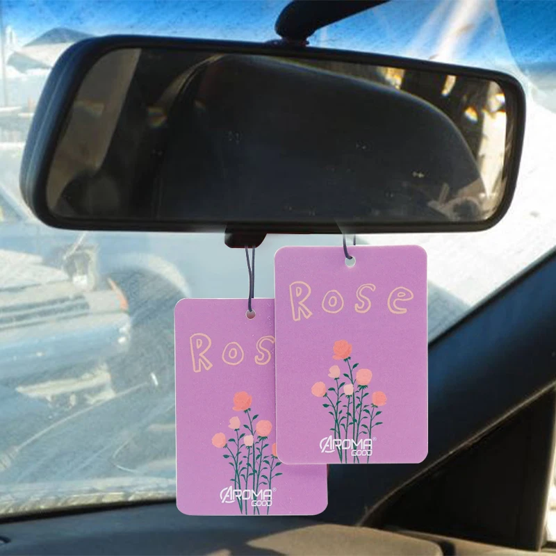 printing factory custom hanging fragrance card perfume paper card car air freshener with rope