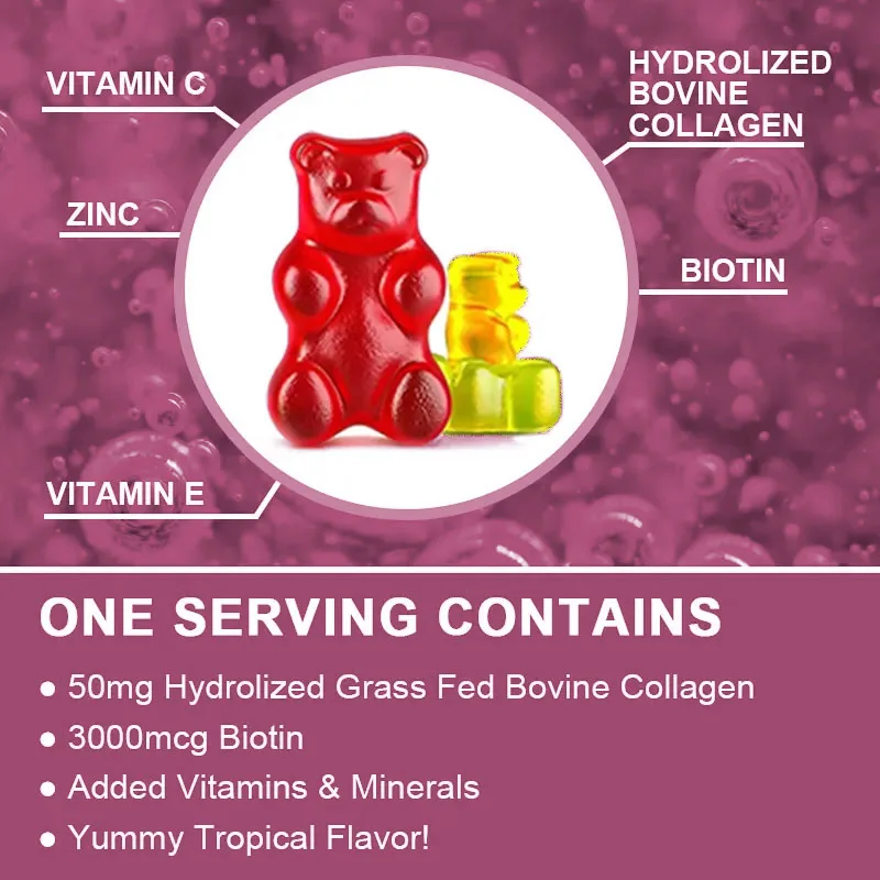 Improve Hair Skin Healthy Food Supplement Beauty Collagen Gummies Customized Private Label Sugar 60pcs Bottled Candy