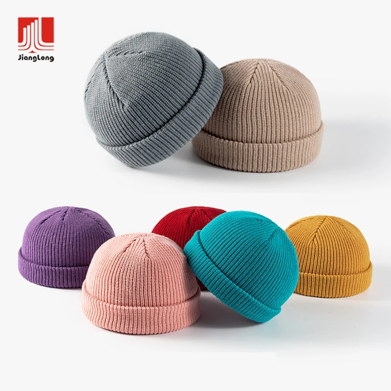 Custom Made Color Rib Knitted Unisex Man Winter Cuffed Beanie Hats Embroidered Custom Logo Knitted Wholesale Skull Cap Beanies