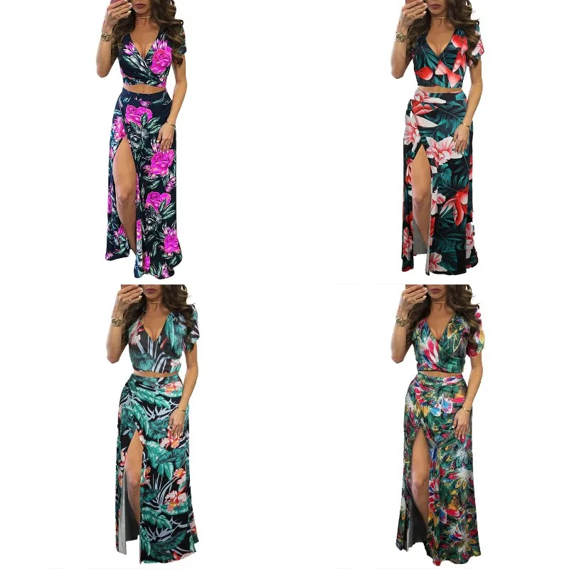 summer new v-neck chiffon printed flounces short sleeve dress beach dress