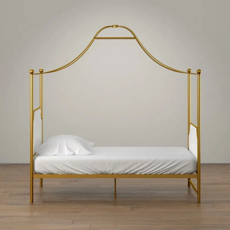 Luxury Queen King Twin Modern 4 Poster Bed with Upholstered Headboard Gold Canopy Bed Frame