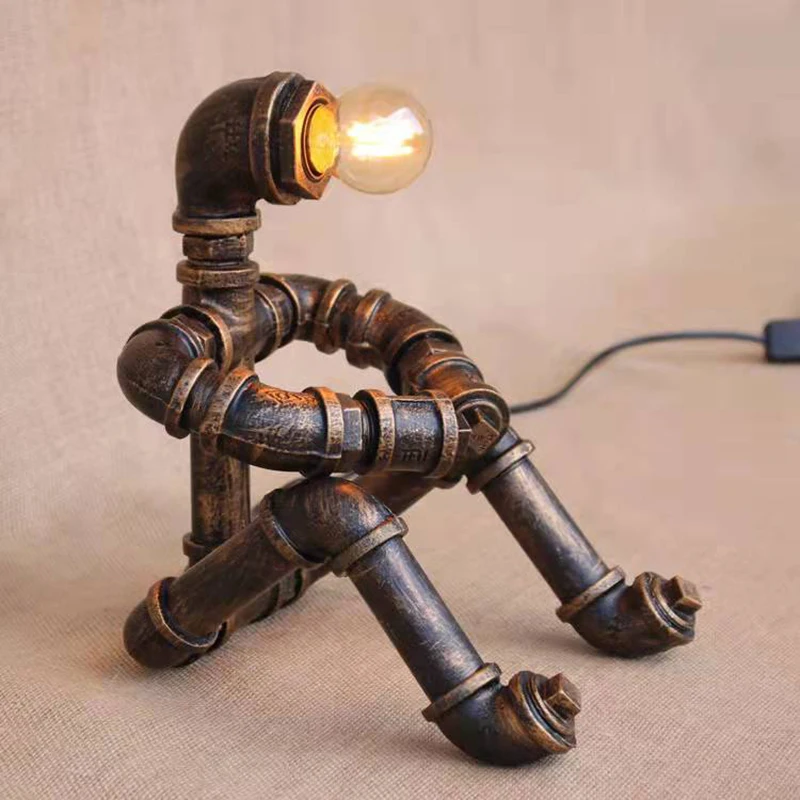 Industrial style retro nostalgic decoration living room bedroom bedside wrought iron pipe robot table lamp