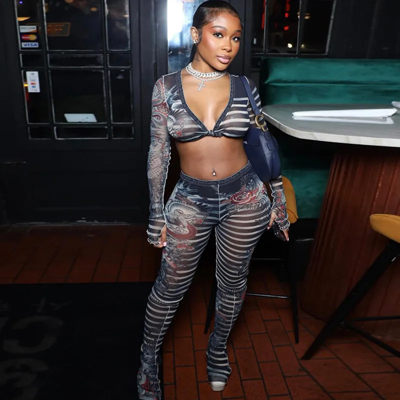 Sharee 2024 Latest Design Hot 2 Piece Pants For Women V Neck Mesh See Through Long Sleeve Crop Tops Print Women Two Piece Set
