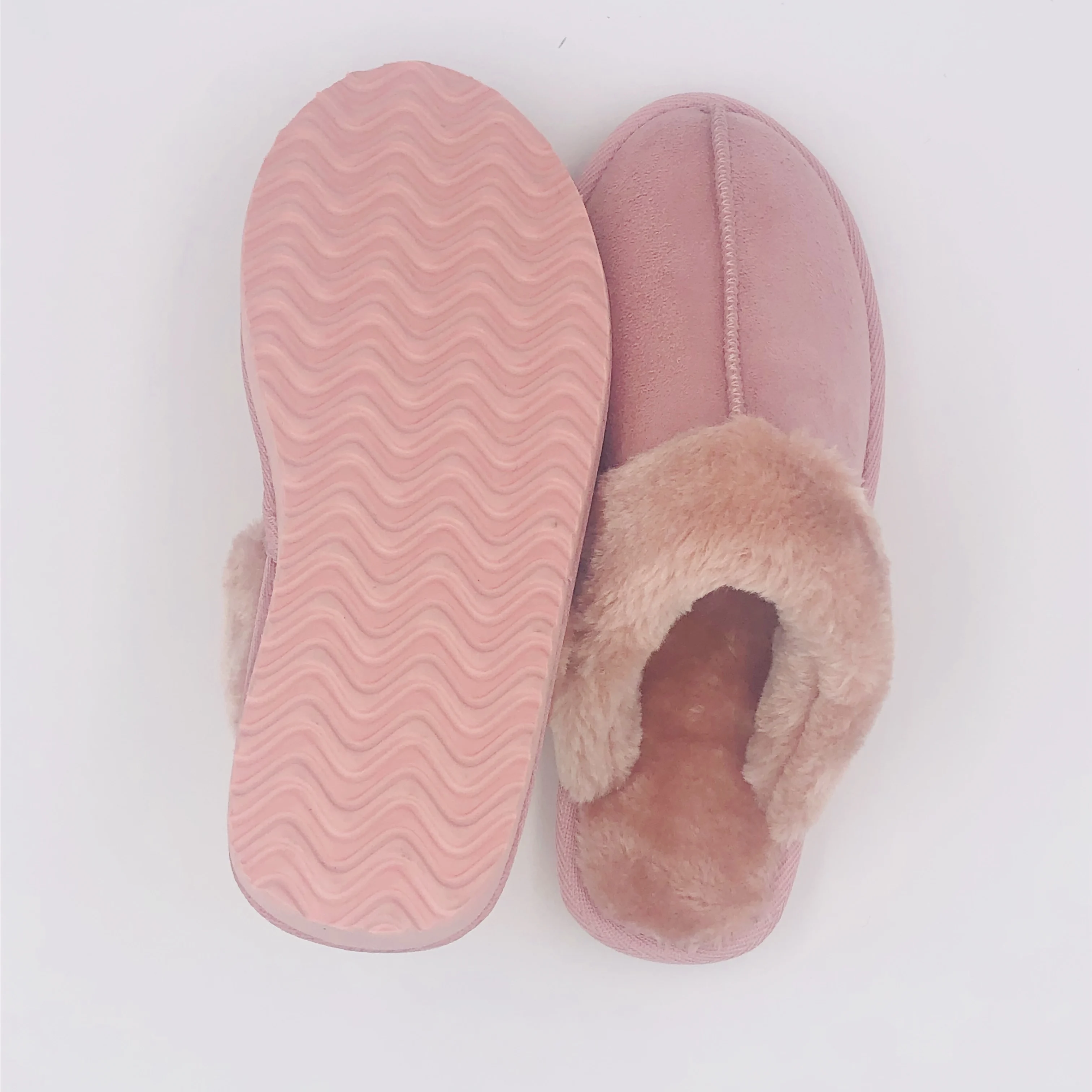 Wholesale suede upper furry lining indoor slippers slides in winter fake leather boots for ladies