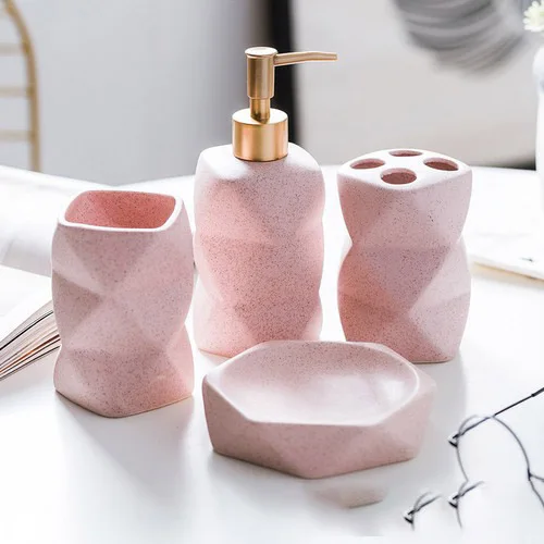 Wholesale Bulk Nordic Matte Pink Hotel Home Bathroom Accessories Set Cheap Ceramic Bathroom Set