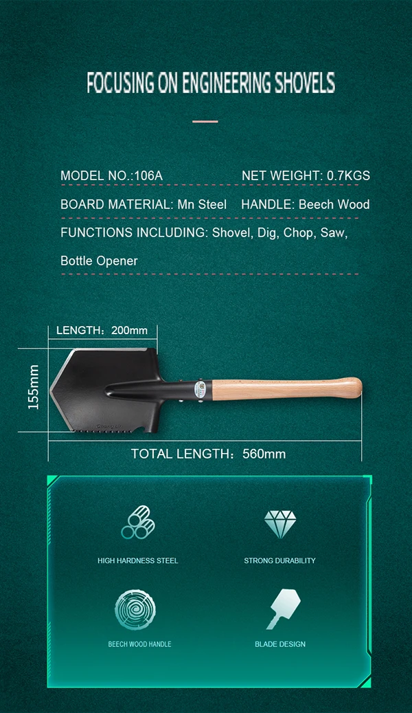 Light Weight Wood Handle Car Emergency Shovel Garden Outdoor Shovel OEM Customized Survival Shovel