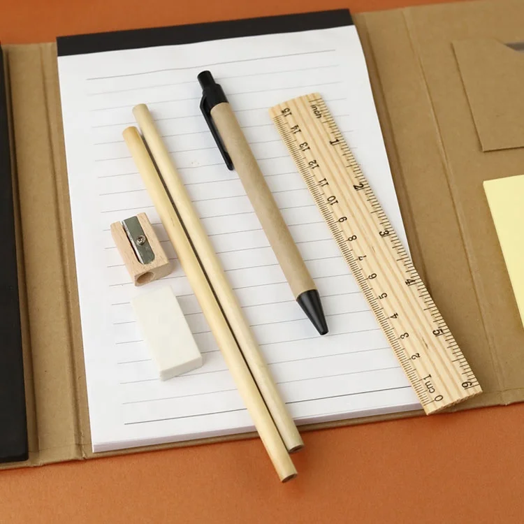 Cost-effective stationary set include ruler, pen, pencil, eraser, pencil sharpener, notepad and sticky note