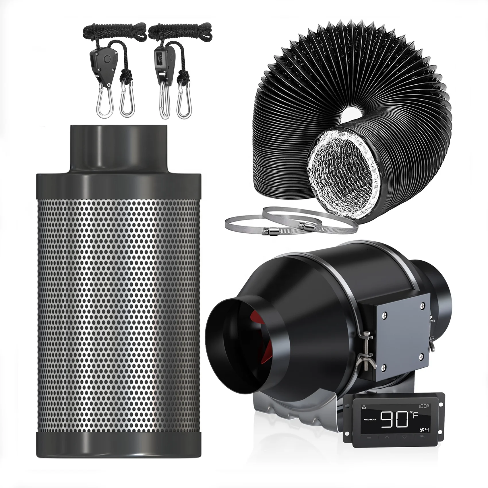 slient 4 inch 212 CFM inlinee Duct Fan with smart controller and carbon filter exhaust ventilation Air Filtration Kits