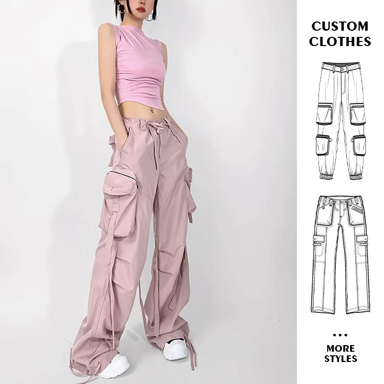 Custom OEM Manufacturer Vintage Pockets High Waist Streetwear baggy Casual ladies Long parachute Cargo Pant for women Trousers