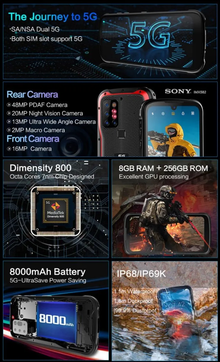 Thermal Imaging 8GB+256GB 5G Android11 Android 11 5G IP68 waterproof rugged smartphone PoC Walkie Talkie