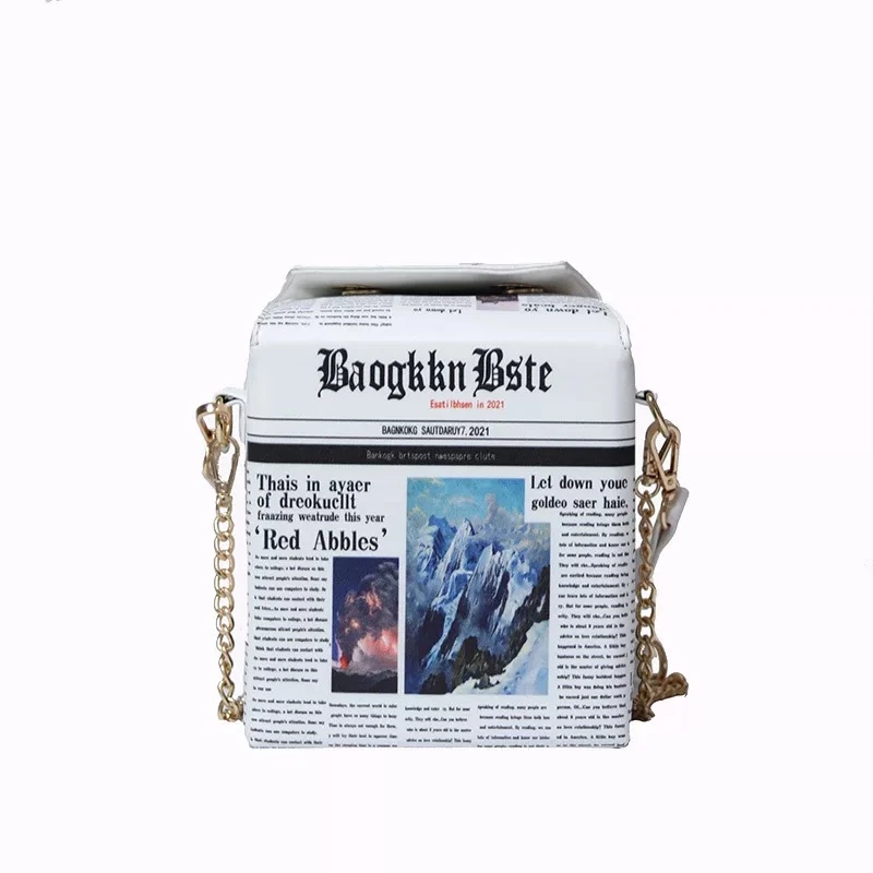 Fashion Newspaper Print Chain Bags Large Capacity Tote Handbags for Women Ladies PU Leather Shoulder Trendy Purses