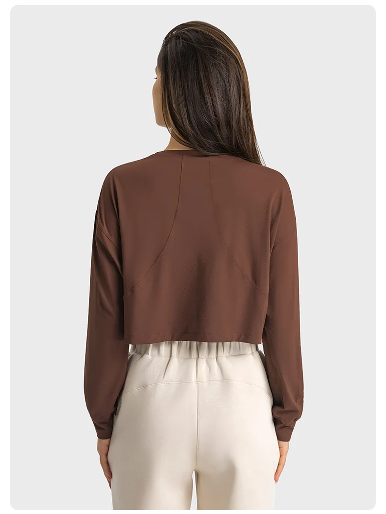 SHINBENE JACQUARD Plain Lightweight Fitness Workout Crop Pullover Women Crew Neck Long Sleeve Training Sport Cropped Sweatshirts