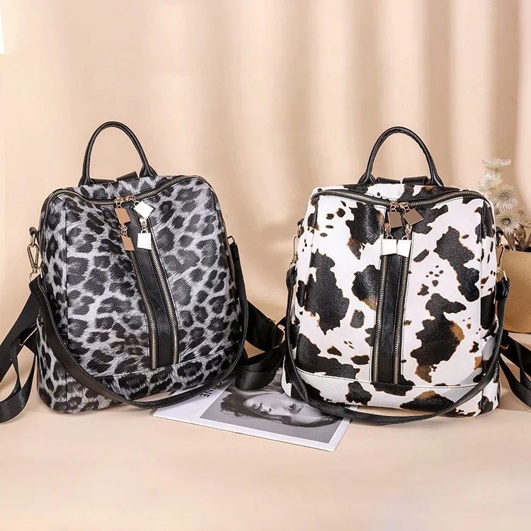 Women Soft Leather Large Capacity Cow And Leopard  Print Zipper Backpack Set Women Shoulder School Bag With Wallet 2021 Backpack