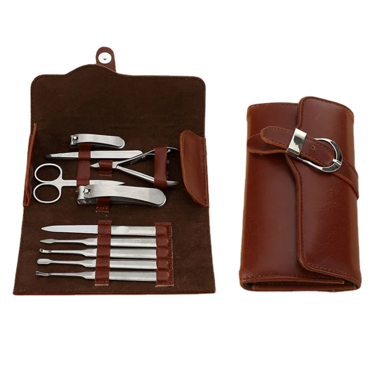 New 10 In1 Unisex Women Men Manicure Grooming Set Kit Nail Clipper Luxury Genuine Brown Leather Case
