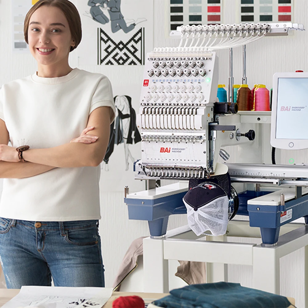 BAI 1200RPM single head Household 12/15 needles hat/cap/tshirt/logo computer embroidery machine for sale
