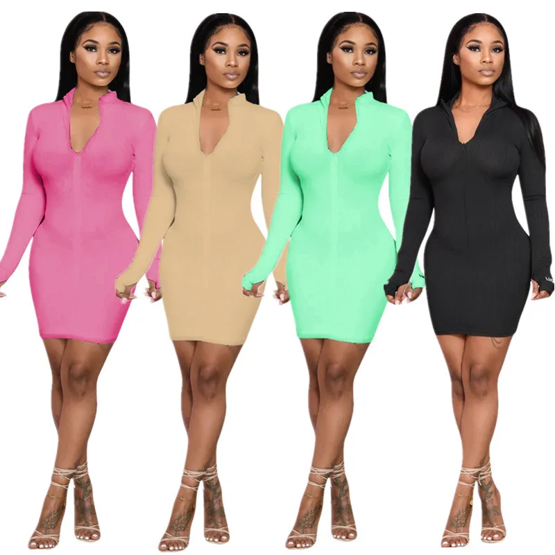 Fall Fashion 2020 Jersey Dress Neon Colors Lucky Label Long Sleeve Bodycon Dresses Casual Mini Dresses