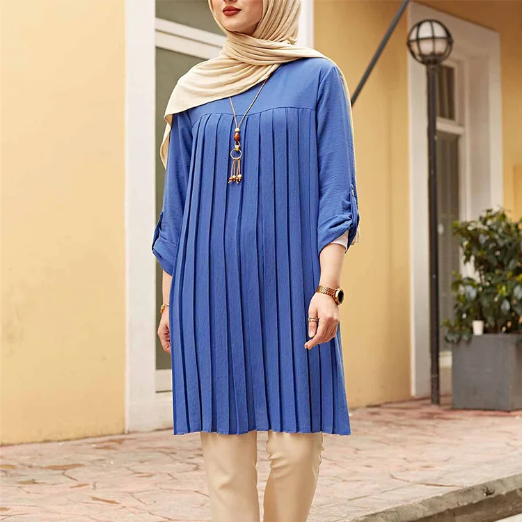 New Summer Muslim Multicolor Pleated Loose Islamic Clothing Women Modest Blouses Chiffon Long Shirts For Women Muslim