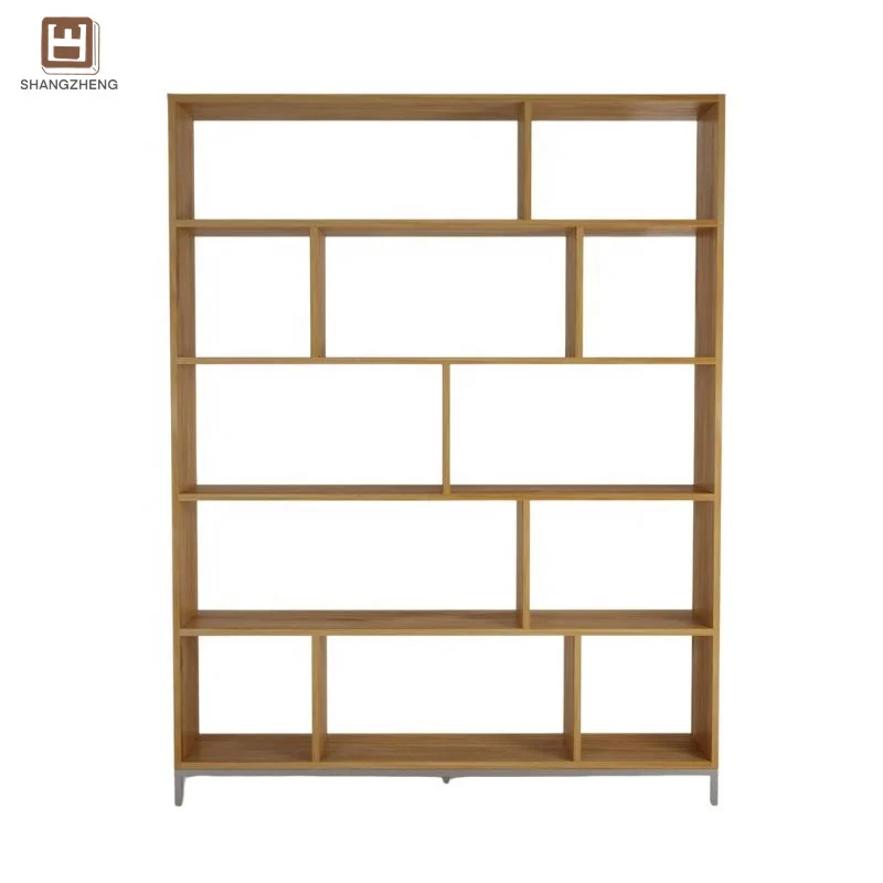 Modern Style Dark Wood Bookcase With Vertical And Horizontal Shelves Stable Metal Base