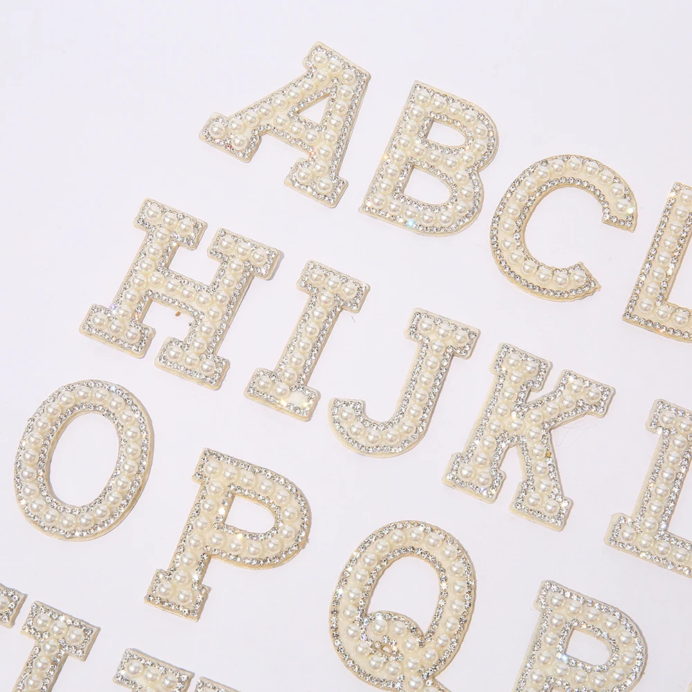 Low MOQ Accessories Stickers Cute Pearl Alphabet Letter Patch Glitter Chenille Patches Embroidery Patches