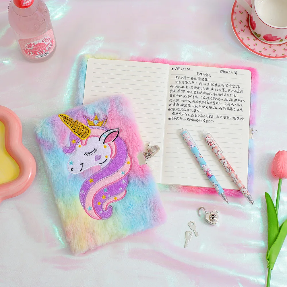 2023 Hot Selling Creative Cute Cartoon Unicorn Notebook Plush Diary With Lock And Key For Girl