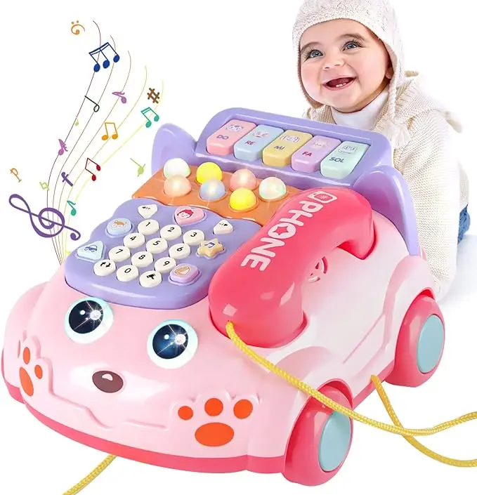 2024 Simulation Baby Telephone Toys Multi-Function Telephone Car Whack-A-Mole Game Cartoon Telephone Bell Pull Line Phone Toys