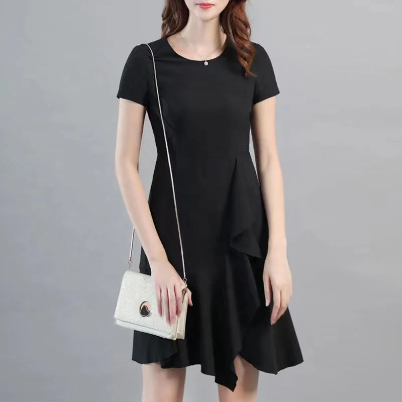 ODM Wholesale Latest Design Casual Black Dress Ladies Fashion Office Wear Midi Dress Women Short Sleeve Asymmetrical Dress