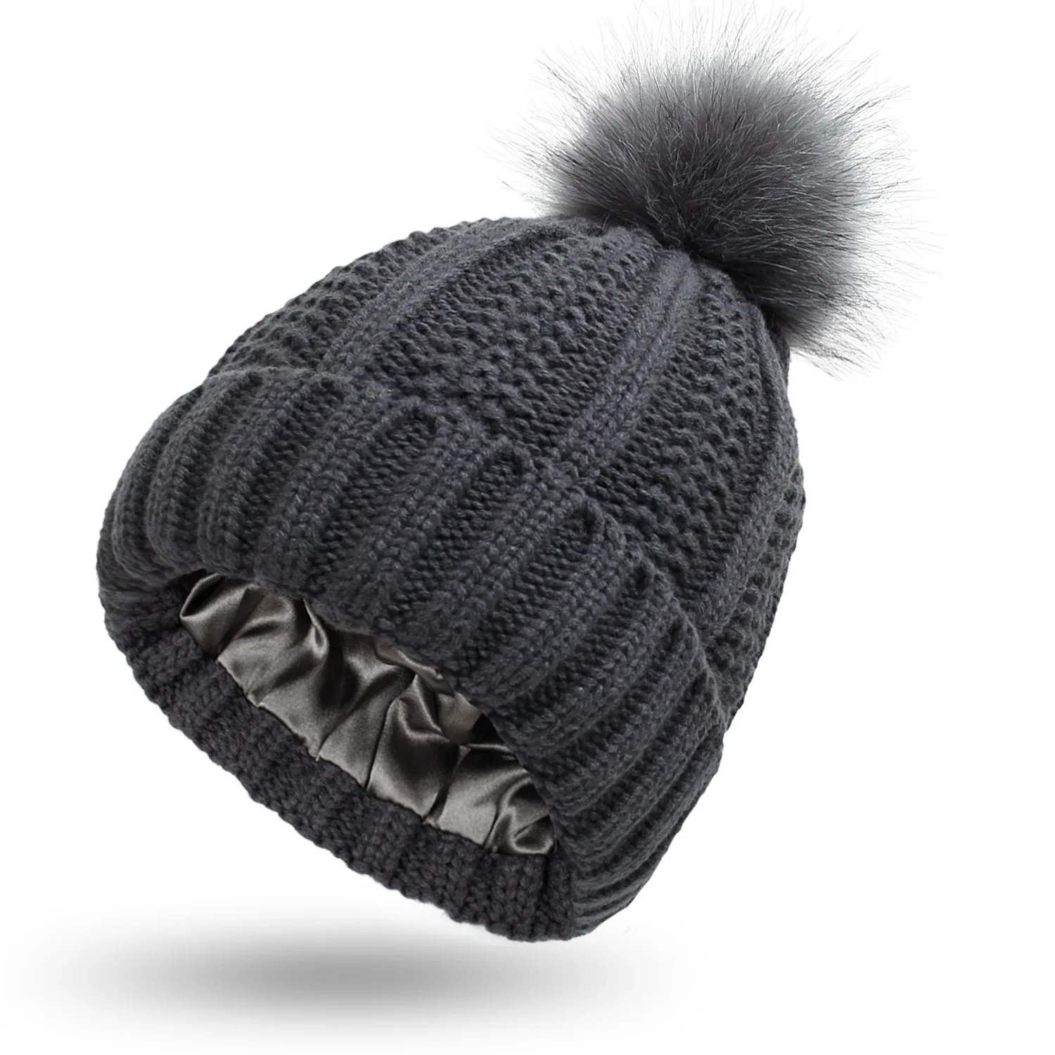 High Quality Winter Hat For Women Ribbed Knitted Hats With Pom Pom Satin Lined Beanie Hats