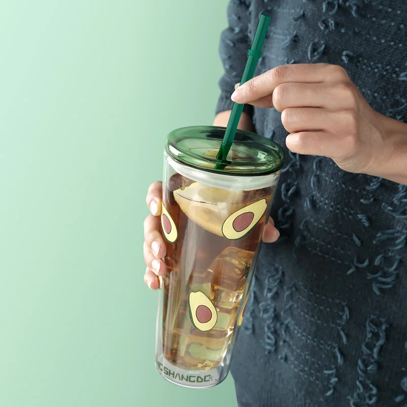 Northern Europe Ins Industry Style Double Wall glass cup Beer Coca Cold Water Drinks Cup Household Office Use with Straw and lid