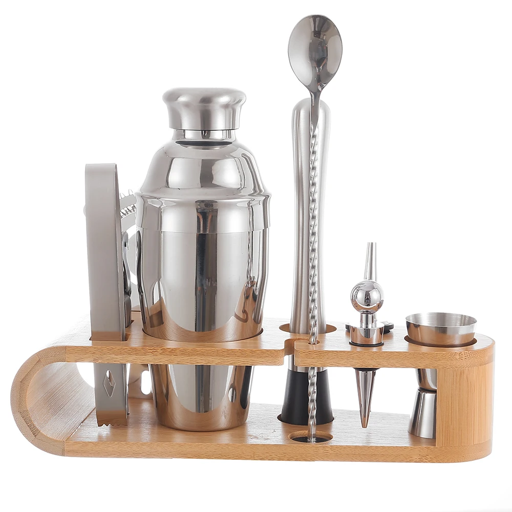 550 ml Cocktail Shaker Tools Set With Bamboo Stand Wholesale Stainless Steel 10 Piece Cocktail Set Bartender Kit