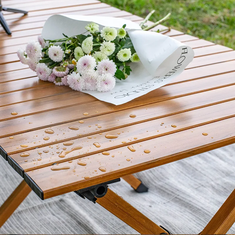 Wheelsky Portable Wood Grain Aluminum Egg Roll Table Garden Lawn Beech Picnic Outdoor Folding Table For Camping