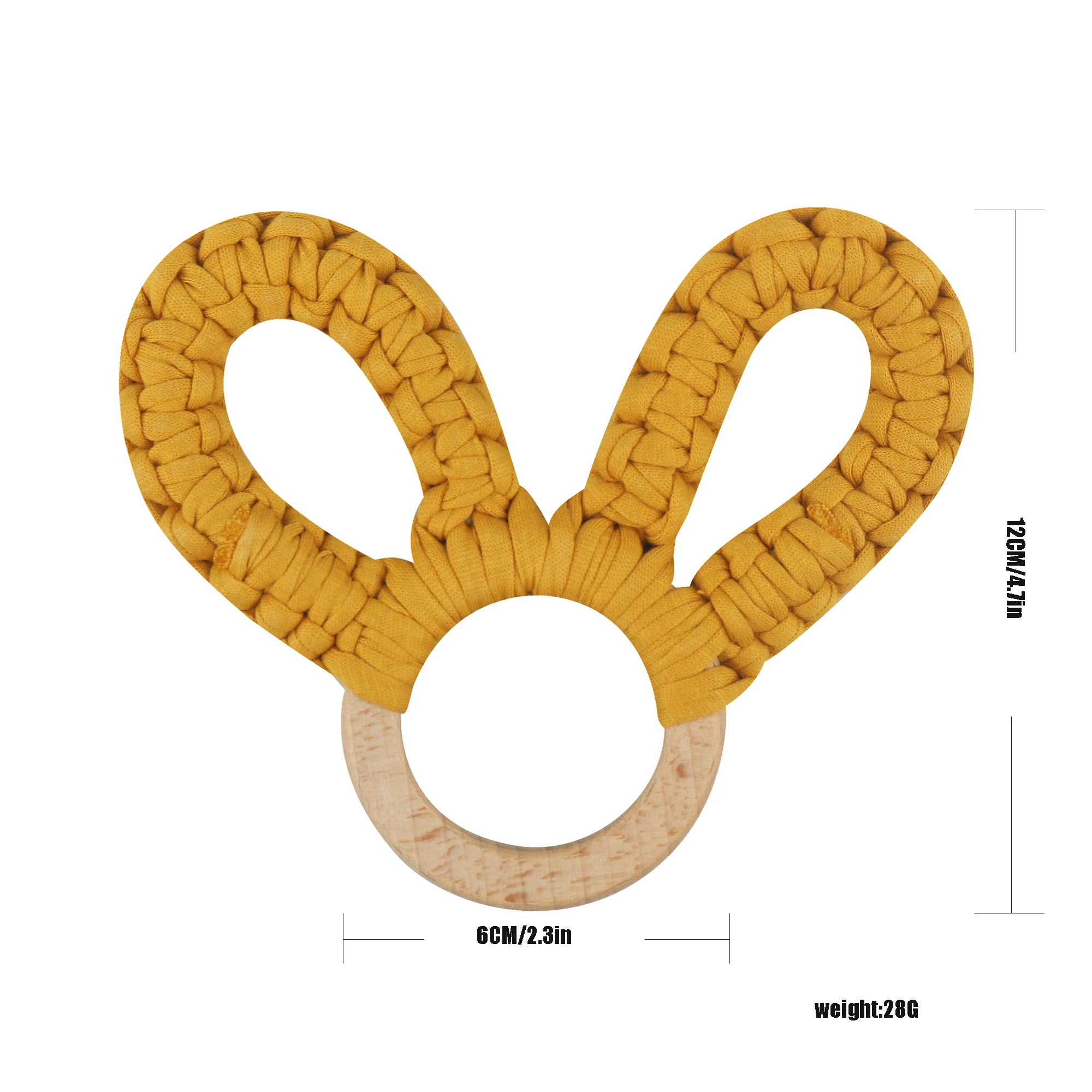 Hot Sale Handmade Natural Wooden Baby Chewing Toys Cotton Crochet Cute Bunny Teething Ring Teether Rattle Toy