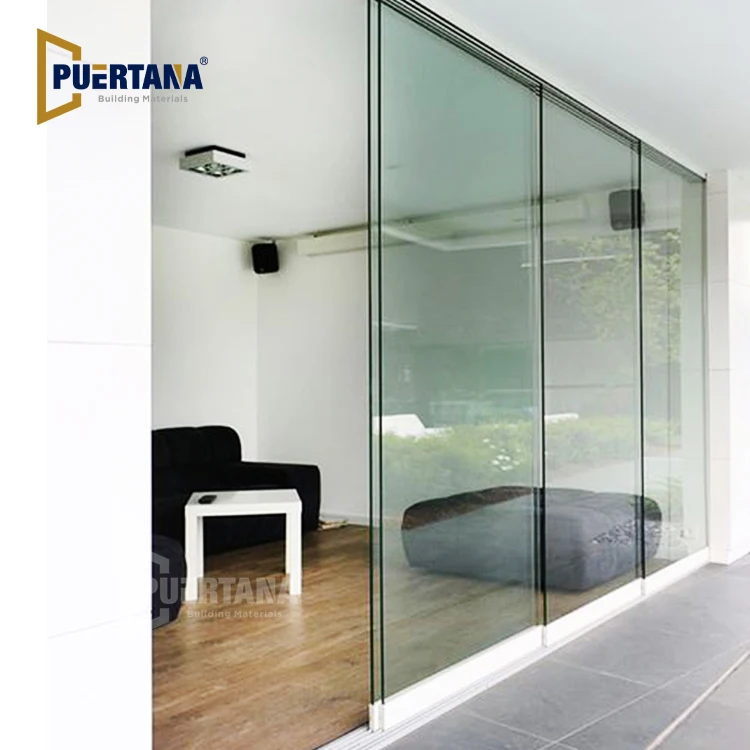 Interior Noiseless Aluminum Frameless Glass Stacking Sliding Door Exterior All Glass Multi Track Sliding Glass Wall System