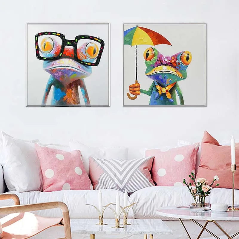 Living Room Decor Happy Frog With Glasses Picture Canvas Posters Print Cartoon Animal Wall Modern animal picture wall art prints