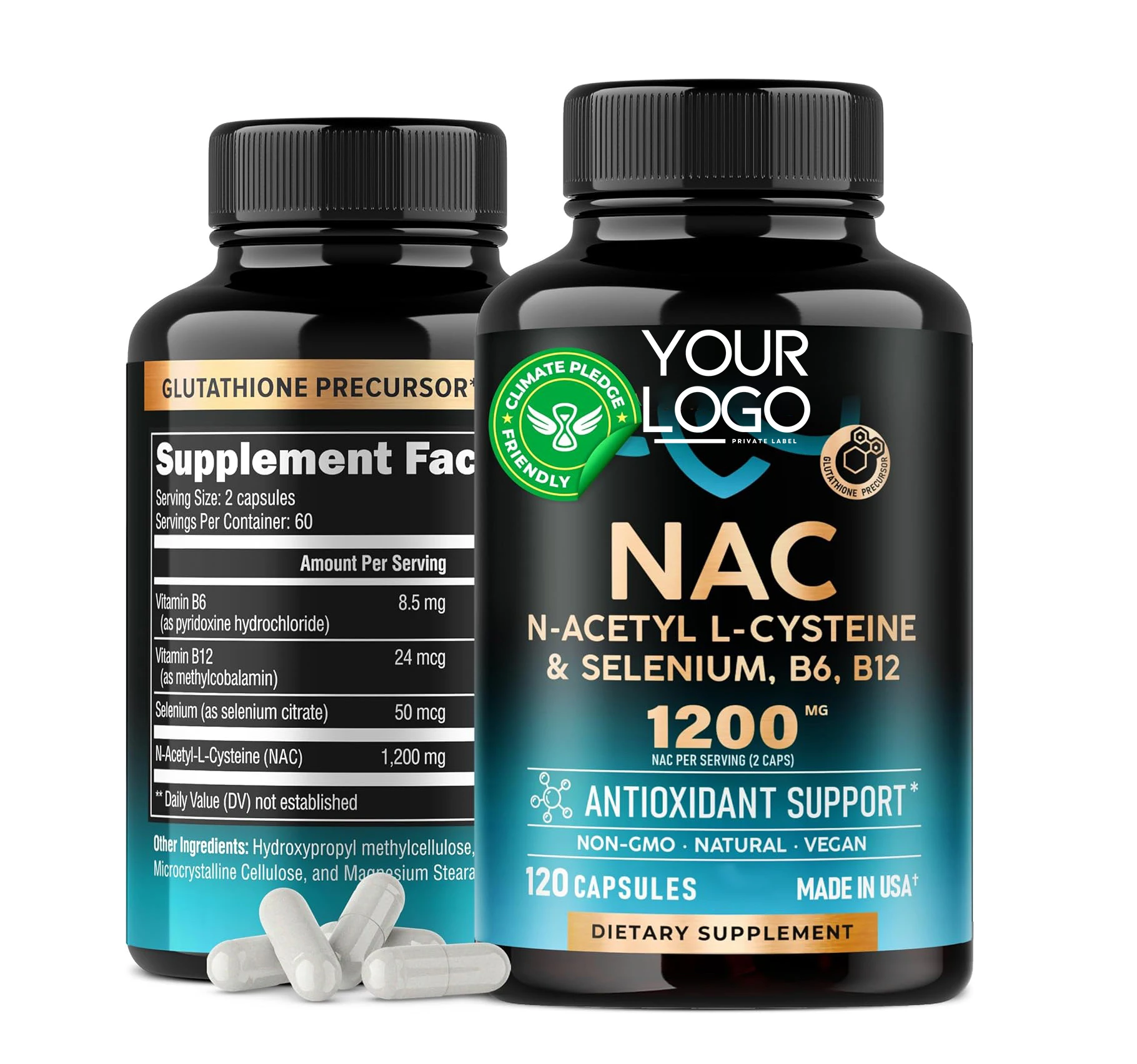 Private Label NAC Supplement | Selenium | B6 | B12 - Antioxidant, Immune- N Acetyl Cysteine 600 mg NAC Capsules