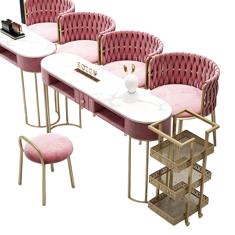 Luxury beauty Salon Furniture nail bar sofa metal gold leg Marble tables chairs with shelf Manicure Set nail desk table